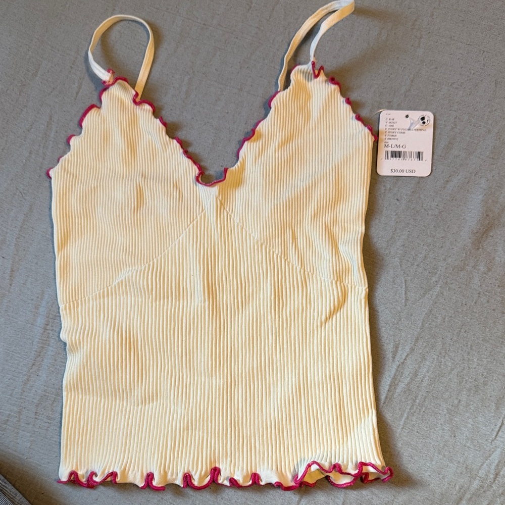Free People Cream Ribbed Women's Top with Pink Trim